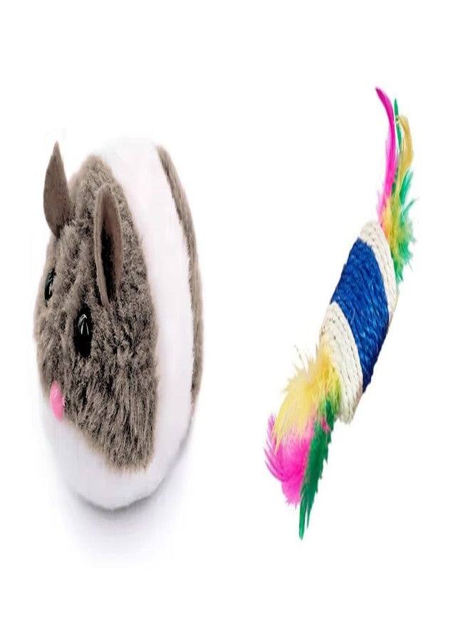 PET FUN Wind-Up Mouse Toy with Twirling Tail for Cats & Kittens | Plush Interactive Play Cat Teaser Stick with Feather & Paper Rope Cylinder | Interactive Play Toy Combo of 2 - Image 1